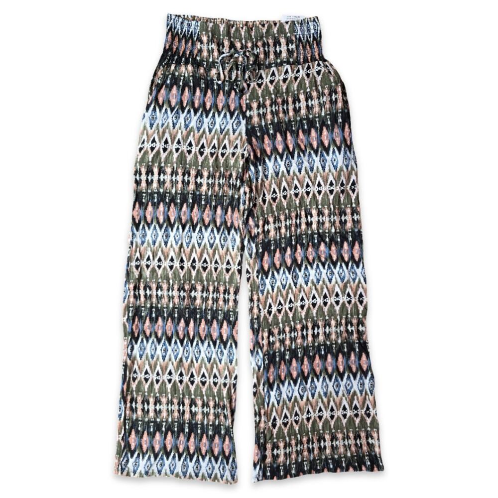 Peace & Pearls Boho Wide‎ Leg Pants M Ikat Print NWT